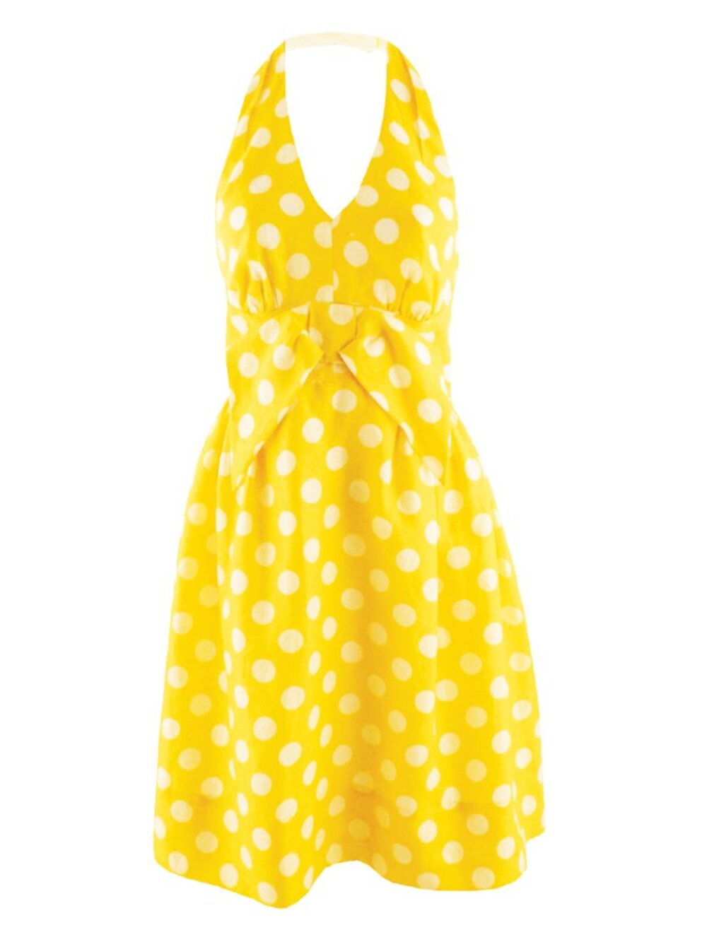 HOBBS Canara Yellow Polka Dot Linen Bow Fit & Flare Halter Dress, Size 10/S